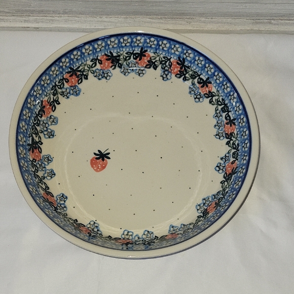 Polish Pottery Other - Polish Pottery Floral Blue and Cream Ceramic Bowl With Strawberries